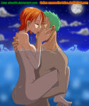 1boy 1girl ass atma94 color female green_hair hair human kissing male moon nami nami_(one_piece) night nude one_piece orange_hair outside pre-timeskip roronoa_zoro sex_in_water side_view skinny_dipping straight underwater water