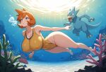 1girl ai_generated air_bubble ass asymmetrical_hair bangs bare_legs bare_shoulders barefoot big_breasts blush breasts breath bubble cleavage clothing competition_swimsuit covered_navel curvaceous feet female female_only freediving full_body golduck green_eyes huge_ass huge_breasts kachanai kasumi_(pokemon) large_ass legs looking_at_viewer misty_(pokemon_hgss) navel nintendo ocean one-piece_swimsuit open_mouth orange_hair outside parted_lips pokemon pokemon_character pokemon_gsc pokemon_hgss pokemon_species ponytail pool shiny shiny_skin short_hair side_ponytail smile solo standing swimming swimsuit tank_suit thick_ass thick_thighs thighs tied_hair toes underwater water wide_hips