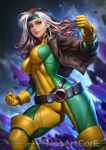 1girl anna_marie big_breasts bodysuit breasts brown_hair brown_jacket clenched_hands female_only female_solo floating_hair gloves green_eyes green_headband grin headband jacket legs lips lipstick long_hair looking_at_viewer makeup marvel marvel_comics multicolored_hair neoartcore parted_lips pink_lipstick rogue rogue_(x-men) skin_tight smile standing thick_thighs thighs two-tone_hair two_tone_hair white_hair x-men yellow_gloves