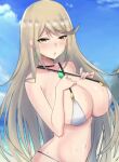 1girl 2022 alluring bangs big_breasts bikini bikini_top blonde_hair blush embarrassed female_only gold_eyes hips latte_daruta2 long_hair mythra nintendo outside slim_waist sweat sweaty_body swept_bangs white_bikini wide_hips xenoblade_(series) xenoblade_chronicles_2