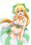 1girl :d absurd_res alluring bikini blonde_hair bow braid cleavage collarbone floating_hair front-tie_bikini_top front-tie_top green_bow green_eyes hair_between_eyes hair_bow halterneck high_ponytail high_res innertube ken-ji leafa leaning_forward long_hair looking_at_viewer medium_breasts midriff navel open_mouth pointy_ears ponytail side-tie_bikini_bottom sidelocks smile standing stomach swim_ring swimsuit sword_art_online twin_braids very_long_hair white_background white_bikini