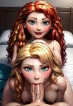 2girls1boy ai_generated aqua_nail_polish areola bedroom big_ass big_breasts big_penis big_penis blonde_hair blowjob_face blue_eyes blush brave cooperative_fellatio curly_hair deepthroat disney disney_princess enjoying_giving_oral erect_nipples eyelashes fellatio grabbing_head green_eyes holding_head long_hair looking_at_viewer merida naughty_face nipples on_bed pixar pov_crotch pov_male rapunzel red_hair red_lipstick sitting_on_bed smiling_at_viewer tangled thick_thighs veiny_penis white_blanket white_fur wide_hips zoolt