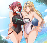 2022 2_girls alluring big_breasts blonde_female blonde_hair breasts_to_breasts cleavage duo duo_focus earrings female_focus female_only heroine heroines kurocaze long_hair looking_at_viewer matching_hair/eyes mythra nintendo one-piece_bikini pyra red_eyes red_hair short_hair swimsuit swimwear xenoblade_(series) xenoblade_chronicles_2 yellow_eyes