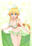 1girl 1girl absurd_res alluring big_breasts bikini blonde_hair braid cleavage collarbone cowboy_shot female_focus green_bikini green_eyes high_res ken-ji leafa leaning_forward long_hair looking_at_viewer navel open_mouth pointy_ears ponytail sarong simple_background smile standing striped_bikini striped_clothes swimsuit sword_art_online twin_braids very_long_hair white_background