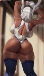 1girl big_breasts boku_no_hero_academia bubble_butt cleavage dark-skinned_female horny inviting_to_sex mirko miruko miruko_(boku_no_hero_academia) miruko_(my_hero_academia) my_hero_academia oroborus pose rumi_usagiyama standing stockings teasing thick_thighs usagiyama_rumi white_hair