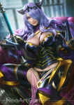 1girl 1girl 1girl alluring big_breasts big_breasts camilla_(fire_emblem) circlet cleavage female_only fire_emblem fire_emblem_fates gloves hair_over_one_eye horns lips long_hair looking_at_viewer neoartcore nintendo pink_eyes purple_gloves purple_hair smile solo_female spread_legs staff thighs veil veins veiny_breasts