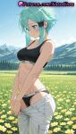 1girl 1girl 1girls 2025 ai ai_assisted ai_generated anime anime_style aqua_eyes aqua_hair asada_shino bangs bare_arms bare_shoulders big_breasts black_bra black_panties black_sports_bra blue_eyes blue_hair blue_sky blush bra breasts bust caucasian cleavage clothes_pull cloud collarbone cowboy_shot day female_focus female_only field flower flower_field flowers green_hair gun_gale_online hair_between_eyes hair_clips hair_ornament hairclip hentai high_quality high_res high_res high_resolution looking_down medium_breasts mountain mountainous_horizon natsuyoru nature navel outside panties panties pants pants_pull parted_lips patreon petals plant pocket pulled_by_self short_hair short_hair_with_long_locks sidelocks sinon sky smile solo_female sports_bra stable_diffusion standing stomach sword_art_online sword_art_online_alicization tree underwear undressing voluptuous voluptuous_female white_pants yellow_flower