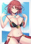 1girl 1girl 2022 adapted_costume alluring bangs big_breasts bikini bikini_top_pull cleavage core_crystal earrings female_only heroine high_res hips latte_daruta2 milf nintendo outside pin_up pyra red_bikini red_eyes red_hair short_hair slim_waist smile suspenders suspenders_hanging swept_bangs thick_thighs thighs wide_hips xenoblade_(series) xenoblade_chronicles_2