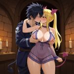 1boy 1girls ai_generated big_breasts black_hair blonde_hair couple demon_tail fairy_tail french_kissing gray_fullbuster horns lucy_heartfilia pixai sensual sexy succubus thick_thighs