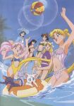 1990s_(style) 6+girls aino_minako alluring ami_mizuno armpits artemis_(sailor_moon) ball beachball bikini bishoujo_senshi_sailor_moon bishoujo_senshi_sailor_moon_supers black_cat black_hair blonde_hair blue_eyes blue_hair bow breasts brown_hair cat chibi_usa chibiusa child cleavage cone_hair_bun crescent crescent_facial_mark day diana_(sailor_moon) double_bun earrings everyone facial_mark food green_eyes hair_bobbles hair_bow hair_bun hair_ornament hat high_res hino_rei ice_cream innertube jewelry kino_makoto long_hair luna_(sailor_moon) makoto_kino midriff minako_aino mizuno_ami multiple_girls navel official_art open_mouth pink_hair ponytail red_eyes rei_hino retro_artstyle sailor_chibi_moon sailor_jupiter sailor_mars sailor_mercury sailor_moon sailor_moon_super_s sailor_venus scan short_hair sky smile striped_bikini striped_clothes sunglasses swim_ring swimsuit toei_animation tsukino_usagi twin_tails usagi_tsukino vertical-striped_bikini vertical-striped_clothes very_long_hair water