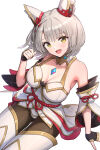 1girl absurd_res alluring animal_ear_fluff animal_ears big_breasts camisole cat_ears chest_jewel gloves gonzarez grey_hair high_res looking_at_viewer mio_(xenoblade) nintendo pantyhose short_hair simple_background skirt smile tank_top white_skirt xenoblade_(series) xenoblade_chronicles_3 yellow_eyes