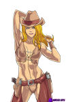 1girl blonde_female blonde_hair blue_eyes breasts collarbone cowboy cowboy_hat female_only female_solo grin half-closed_eyes hat izzykargeau lips lipstick long_hair makeup medium_breasts naughty_face original pink_lipstick small_breasts smile standing