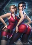 2_girls ada_wong arm_at_side ass ass_grab back bangs bare_arms bare_shoulders belt big_ass black_choker black_hair black_legwear black_pantyhose bracelet breasts brown_belt brown_hair capcom choker claire_redfield cleavage closed_mouth couple duo earring female_only grin half-closed_eyes hand_on_hip jewelry legwear lips lipstick long_hair looking_at_viewer looking_back makeup medium_breasts multiple_girls neck necklace neoartcore pantyhose parted_bangs parted_lips pink_lipstick ponytail red_lipstick resident_evil resident_evil_2 resident_evil_4 short_hair small_breasts smile standing stud_earrings swept_bangs wristwatch yuri