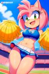 1girl ai_generated amy_rose cameltoe cheerleader female_focus furry furry_female green_eyes navel open_mouth panties pink_fur sega sonic sonic_the_hedgehog_(series) stadium sweat