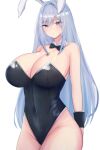 1girl 1girl absurd_res alluring big_breasts big_breasts black_leotard blue_eyes blush bowtie breast_tattoo breasts_bigger_than_head bunny_ears bunnysuit child_bearing_hips cleavage curvy detached_collar ethel_(xenoblade) female_only high_res hourglass_figure latex latte_daruta2 leotard long_hair massive_breasts monolith_soft nintendo silver_hair simple_background sweat sweatdrop tattoo thick_thighs thighs very_long_hair voluptuous wide_hips wrist_cuffs xenoblade_(series) xenoblade_chronicles_3