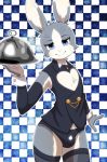 1girl anthro blue_eyes bulge clothed clothing furry kemono lagomorph leggings legwear looking_at_viewer male mammal plate rabbit skimpy smile standing waiter wycicus