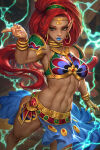 1girl abs arabian_clothes arabian_female arm_at_side armlet armpits bare_legs blue_lipstick blue_nails blue_sarong bracelet breasts circlet dark-skinned_female dark_skin earrings female_only female_solo gerudo green_eyes grin half-closed_eyes hand_up hoop_earrings jewelry legs lightning lips lipstick long_hair looking_at_viewer lots_of_jewelry makeup medium_breasts midriff muscle muscular muscular_female nail_polish navel neck neck_ring neoartcore nintendo parted_lips pointy_ears red_hair revealing_clothes ring sarong smile standing the_legend_of_zelda the_legend_of_zelda:_breath_of_the_wild thick_thighs thighs urbosa