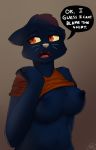  1girl 2018 absurd_res anthro breasts cat clothing dialogue digital_media_(artwork) english_text fangs feline female female_only furry high_res mae_(nitw) mammal night_in_the_woods nipples open_mouth slit_pupils solo stargazer text 