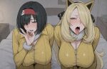 2_girls ai_generated big_breasts black_hair blonde_female blonde_hair bodysuit breasts cosplay covered_navel curvaceous curvy_body curvy_female curvy_figure cynthia_(pokemon) erika_(pokemon) eyelashes facing_viewer fake_animal_ears female_hypno fur_collar fur_trim hair_accessory hair_ornament hair_over_one_eye huge_breasts human hypno_(cosplay) lips long_hair mature mature_female open_mouth pokemon pokemon_(cosplay) pokemon_(species) pokemon_bdsp pokemon_dppt purple_eyes short_hair smile stable_diffusion tongue tongue_out underdog454545