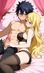 ai_generated black_bra black_hair black_lingerie_panties black_thighhighs blonde_hair curly_hair erection fairy_tail gray_fullbuster handjob hearts huge_breasts imminent_sex long_hair lucy_heartfilia pants penis_out pixai topless_male