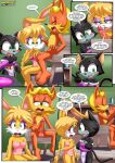 1boy 2girls anthro antoine_d'coolette bbmbbf blush bunnie_rabbot comic ebony_the_cat erection how_many_times_per_day_(comic) male male/female mobius_unleashed palcomix penis sega sonic_the_hedgehog_(series)