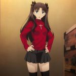  1girl :o anime aqua_eyes black_hair black_legwear black_ribbon black_skirt brown_hair fate/stay_night fate_(series) hair_ribbon hand_on_hip hands_on_hips indoors long_hair long_sleeves looking_at_viewer open_mouth pleated_skirt ribbon rin_tohsaka skirt standing stockings sweater two_side_up type-moon 