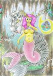 2girls alternate_species anthro breasts female fluttershy fluttershy_(mlp) friendship_is_magic hans_christian_andersen hasbro marine medium_breasts mermaid mermaid_tail my_little_pony navel nipples nude ocean pony sea sinaherib tail the_little_mermaid traditional_media_(artwork) underwater water zebra zecora zecora_(mlp)