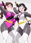 2_girls alluring big_breasts black_hair bodysuit brown_hair igasaki_fuuka momochi_kasumi no_headwear otokam1117 pink_eyes purple_eyes shuriken_sentai_ninninger super_sentai