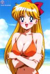 1girl accurate_art_style alluring beach bikini bishoujo_senshi_sailor_moon blonde_hair blue_eyes blue_sky cleavage medium_breasts michael_benson minako_aino ocean pin_up