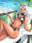 1girl alluring alternate_costume big_breasts bikini blue_eyes dark-skinned_female dark_skin elma_(xenoblade_x) fgsketch food high_res long_hair looking_at_viewer monolith_soft navel popsicle smile sunglasses swimsuit white_hair xenoblade_(series) xenoblade_chronicles_x