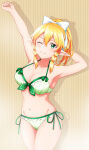 1girl 1girl alluring arms_up bikini blonde_hair bow bow_bikini bow_hairband cleavage collarbone commentary_request cowboy_shot green_bikini green_eyes grin groin hair_between_eyes hairband high_res ken-ji leafa looking_at_viewer medium_breasts navel one_eye_closed pointy_ears signature smile standing steam stomach striped_background sweat swimsuit sword_art_online twitter_username white_bow white_hairband yellow_background