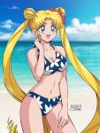 1girl 1girl alluring artist_name beach big_breasts bikini bishoujo_senshi_sailor_moon blonde_hair blue_bikini blue_eyes cleavage double_bun hair_bun legs long_hair looking_at_viewer medium_breasts navel ocean rolly-chan smile swimsuit thighs tsukino_usagi twin_tails usagi_tsukino water