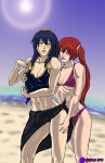 2_girls alternate_costume bare_arms bare_legs bare_shoulders beach behind_another bikini black_sarong blue_eyes blue_hair blue_shirt blue_tank_top blurry blurry_background blush breast_grab breasts collarbone couple day duo eye_contact female_only fire_emblem fire_emblem_awakening grin hair_between_eyes izzykargeau legs lips lipstick long_hair looking_at_another looking_back love lucina lucina_(fire_emblem) makeup matching_hair/eyes medium_breasts midriff multiple_girls mutual_yuri navel neck nintendo nipples ocean outside parted_lips pink_lipstick purple_bikini purple_swimsuit red_eyes red_hair red_lipstick sand sarong severa_(fire_emblem) shirt sidelocks sky sleeveless sleeveless_shirt small_breasts smile straight sun swimsuit tank_top thighs tied_hair twin_tails under_boob water yuri