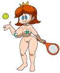 1girl 1girl 1girl areola_slip ball barefoot big_breasts blue_eyes breasts brown_hair closed_mouth crown female_focus female_only full_body groin hand_up happy holding holding_racket jaggy_lines maebari mario_(series) mario_tennis mini_crown mostly_nude mostly_nude_female navel nintendo parted_bangs pasties princess_daisy racket shiny_skin short_hair simple_background smile solo_female standing tennis_ball tennis_racket v-shaped_eyebrows vilepluff white_background wide_hips yellow_headwear