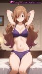 1girl 1girl 1girls 2025 ahoge ai ai_generated anime anime_style armpit armpits arms_behind_head arms_up bare_shoulders bed big_breasts big_breasts blush bow bow_bra bow_panties bra breasts brown_eyes brown_hair bust cleavage closed_mouth collarbone desk_lamp feet_out_of_frame female_focus female_only hair_over_one_eye hentai high_quality high_res high_res high_resolution indoors kono_subarashii_sekai_ni_shukufuku_wo! lamp legs lingerie long_hair looking_at_viewer natsuyoru navel on_bed painting_(object) panties panties patreon picture_frame pillow purple_bra purple_panties sitting smile solo_female stable_diffusion stomach thighs underwear underwear_only voluptuous voluptuous_female wavy_hair wiz_(konosuba)