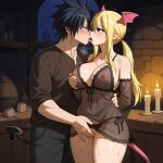 1boy 1girls ai_generated big_breasts black_hair blonde_hair couple demon_tail fairy_tail gray_fullbuster horns lucy_heartfilia sensual sexy succubus thick_thighs