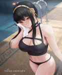 1girl 1girl adapted_costume alluring azto_dio aztodio bare_shoulders big_breasts bikini black_bikini black_hair earrings flower gold_earrings gold_hairband hair_flower hair_ornament hairband head_tilt holding holding_towel innertube jewelry long_hair looking_at_viewer milf navel parted_lips patreon_username pool pool_ladder poolside red_eyes rose sidelocks skindentation spikes sports_bikini spy_x_family stomach swim_ring swimming_pool swimsuit towel water watermark web_address wet wiping_face yor_briar yor_forger