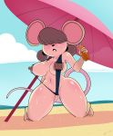 1girl 1girl 2018 4_fingers anthro areola beach beach_umbrella big_breasts bikini black_nose blush breasts clothed clothing detailed_background furry hair hair_over_eyes high_res holding_object ineffective_clothing kneel mammal mcsweezy mouse navel nipples outside rodent seaside short_hair skimpy sling_bikini sweat swimsuit thick_thighs