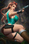 1girl bangs bare_shoulders big_breasts black_gloves boots braid braided_ponytail breasts brown_boots brown_eyes brown_footwear brown_hair brown_shorts female_only female_solo fingerless_gloves footwear gloves grin gun head_tilt holding holding_gun holding_weapon indoors lara_croft legs lips lipstick long_hair looking_at_viewer makeup medium_breasts naughty_face neoartcore parted_bangs parted_lips ponytail red_lipstick ruins shirt short_shorts shorts smile squatting sunglasses sunglasses_on_head tank_top thick_thighs thighs tied_hair tomb_raider weapon