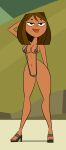 1girl 1girl 1girl areola bedroom_eyes big_breasts bikini breasts brown_hair courtney_(tdi) dark-skinned_female dark_skin female_only freckles hand_behind_head high_heel_sandals high_heels hourglass_figure looking_at_viewer scobionicle99 seductive sling_bikini swimsuit total_drama_island