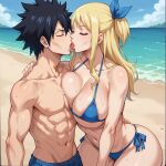 1boy 1girl 1girl ai_generated beach bikini black_hair blonde_hair blue_ribbon blue_sky breasts breasts_bigger_than_head breasts_pressed_against_partner closed_eyes curvy curvy_body curvy_female curvy_figure fairy_tail gray_fullbuster huge_breasts kissing kissing light-skinned_female light-skinned_male light_skin long_hair lucy_heartfilia male male/female muscular_male non-nude ps-ai ribbon sfw spiked_hair straight tongue tongue_out voluptuous voluptuous_female