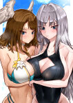 2_girls alluring big_breasts black_swimsuit blue_eyes blue_swimsuit blush brown_hair ethel_(xenoblade) eunie_(xenoblade) grey_hair high_entia hourglass_figure looking_at_viewer multicolored_clothing nintendo oniisan02b swimsuit symmetrical_docking white_choker white_swimsuit wings_on_head xenoblade_(series) xenoblade_chronicles_3 yotsuhauni