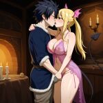 1boy 1girls ai_generated big_breasts black_hair blonde_hair couple demon_tail fairy_tail gray_fullbuster horns lucy_heartfilia sensual sexy succubus thick_thighs