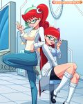 2_girls 2girls big_breasts breasts clothed female glasses indoors johnny_test labcoat long_hair looking_at_viewer mary_test red_hair reit siblings sisters smile susan_test teenage_girl teenager twin_sisters twins v