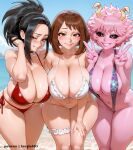 3_girls ai_generated big_breasts bikini black_hair black_sclera breasts brown_hair hips light-skinned_female light_skin long_hair lucyla mina_ashido momo_yaoyorozu my_hero_academia naughty_face ochako_uraraka outside pink_body pink_hair pink_skin short_hair thick_thighs thighs wide_hips yellow_eyes