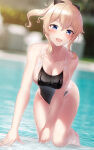 1girl :d alluring arm_support bare_shoulders big_breasts bikini black_bow blonde_hair blue_eyes blurry blurry_background blush bow cleavage collarbone commentary_request competition_swimsuit genshin_impact hair_between_eyes hair_bow high_ponytail high_res jean_gunnhildr one-piece_bikini open_mouth partially_submerged ponytail pool shirosaba sidelocks smile swimming_pool swimsuit water wet