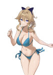 1girl 1girl absurd_res alluring big_breasts bikini blonde_hair blue_bikini blue_eyes bow breasts cleavage collarbone freedomexvss genshin_impact grin hair_between_eyes hair_bow high_res jean_gunnhildr long_hair navel ponytail purple_bow side-tie_bikini_bottom sidelocks simple_background smile standing swimsuit white_background