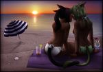  2_girls art beach bikini_bottom black_hair braid breasts cat_ears cat_girl closed_eyes female_only final_fantasy final_fantasy_xiv green_hair kissing linora linora_moontail love miqo&#039;te mutual_yuri nipples ponytail sitting tail tied_hair topless twin_tails wickedj yuniko yuniko_moontail yuri 