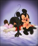 1girl 4_fingers anthro bed beige_skin black_fur black_nose blush breasts closed_eyes clothes color disney duo footwear fur furry furry_breasts furry_ears gloves kissing lying male mammal mickey,_donald,_goofy:_the_three_musketeers_(2004) mickey_mouse minnie_mouse mouse nipples nude on_back on_bed open_mouth penis pink_nipples raised_tail rodent round_ears sex shoes straight tail text the_three_musketeers twistedterra watermark