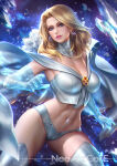 1girl bangs big_breasts blonde_female blonde_hair blue_eyes breasts earrings emma_frost female_only female_solo grin half-closed_eyes hoop_earrings jewelry lips lipstick long_hair looking_at_viewer makeup marvel marvel_comics midriff naughty_face navel neoartcore parted_bangs parted_lips pink_lipstick revealing_clothes smile white_queen x-men